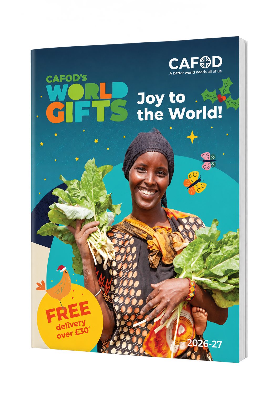 3D mock-up of the CAFOD World Gifts 2026–27 catalogue, showing the Joy to the World cover, on a transparent background.