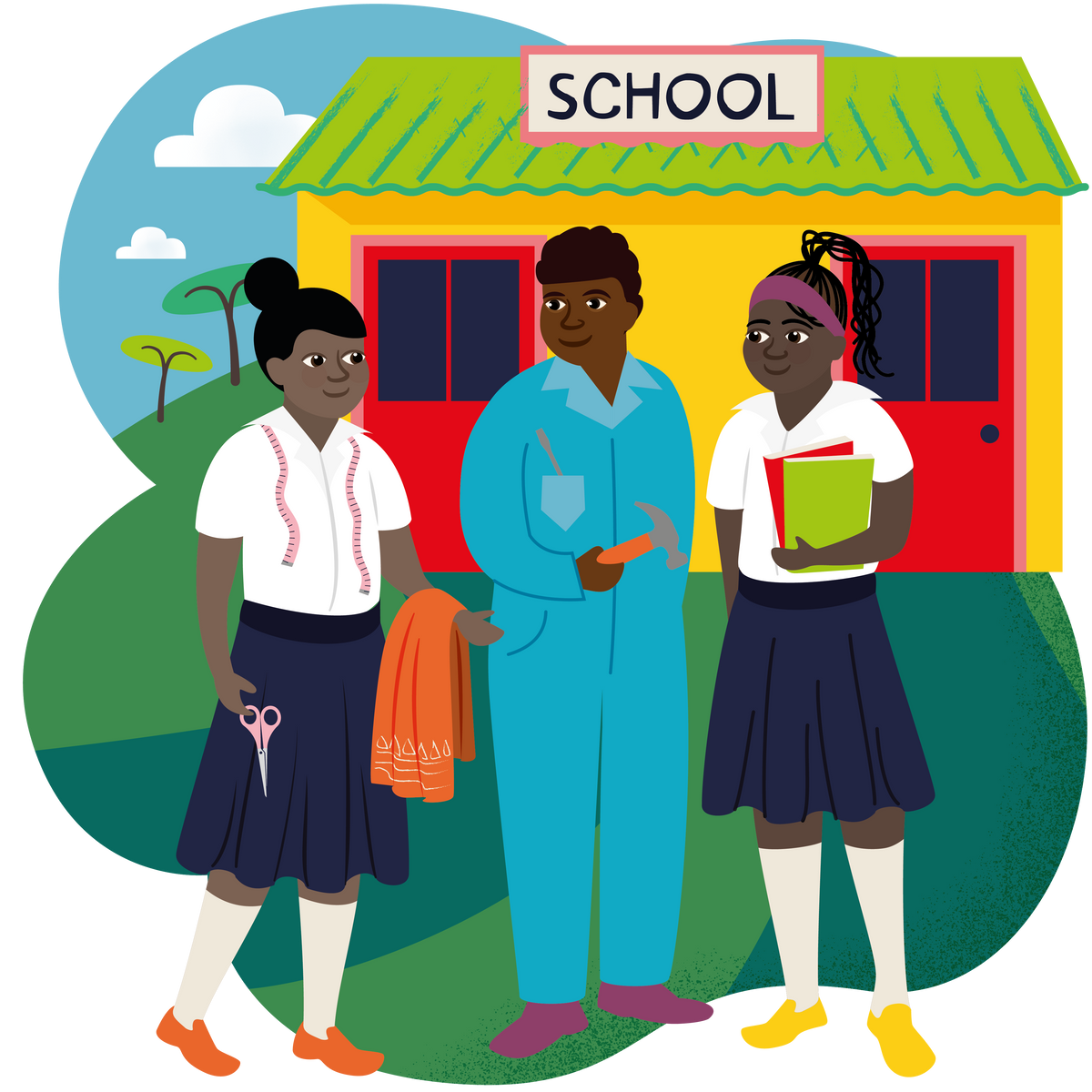 Illustration of two children and a teacher in front of a school building