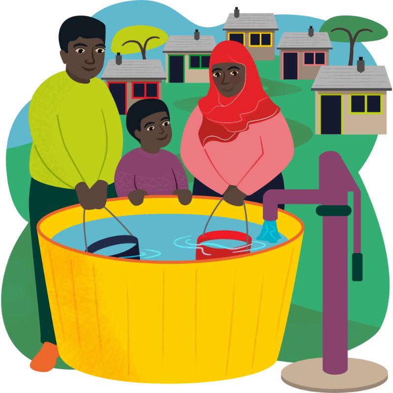 A colourful illustration of a man, woman wearing a red hijab, and a child collecting water from a large community water tank with a hand pump, with houses and trees in the background