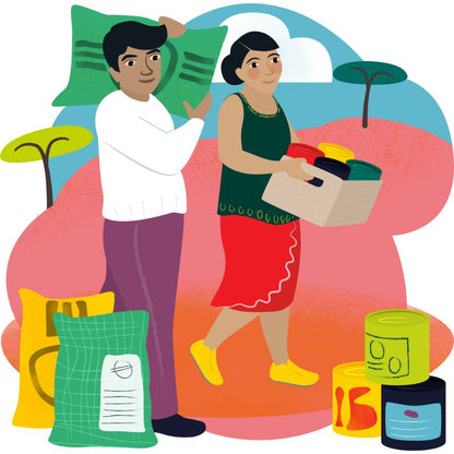 Illustration of a man and woman carrying sacks and a box of food supplies, with tins and grain bags in the foreground, set against a colourful outdoor landscape.