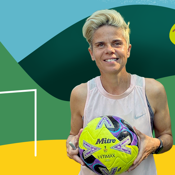 A smiling blonde woman in a white sleeveless top holds a bright yellow soccer ball with purple and blue graphics. She is posed against a stylised graphic background featuring green hills, yellow trees, a blue sky and a white soccer goal outline.