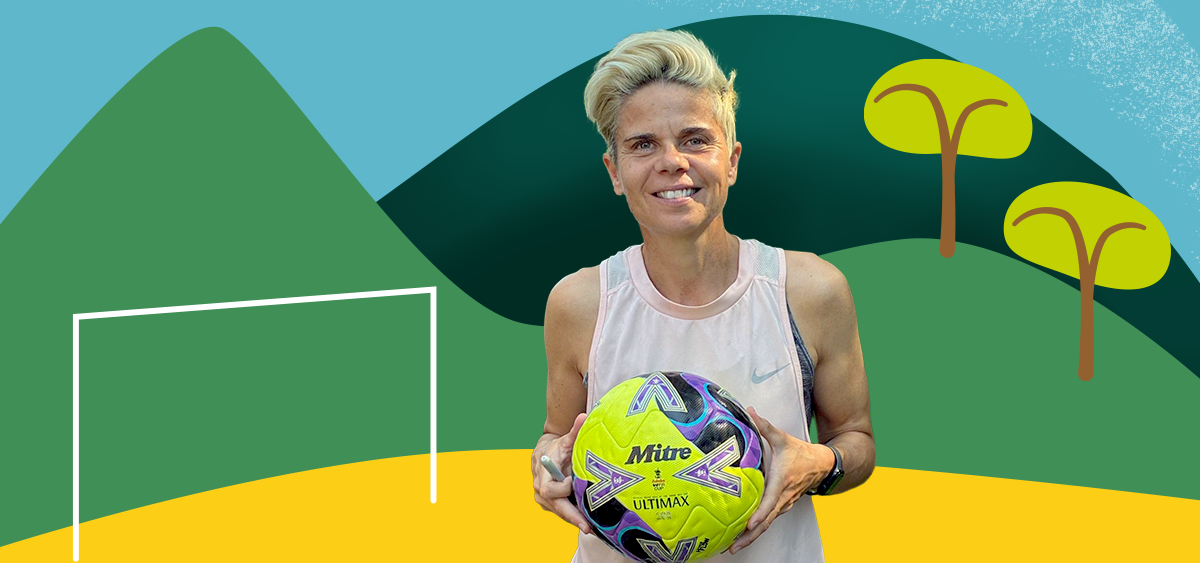 A smiling blonde woman in a white sleeveless top holds a bright yellow soccer ball with purple and blue graphics. She is posed against a stylised graphic background featuring green hills, yellow trees, a blue sky, and a white soccer goal outline.