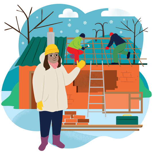 Illustrated winter scene showing a person in a white coat and yellow hat standing in front of a house being repaired by two workers on a roof, with bare trees, snow, and a blue sky background.