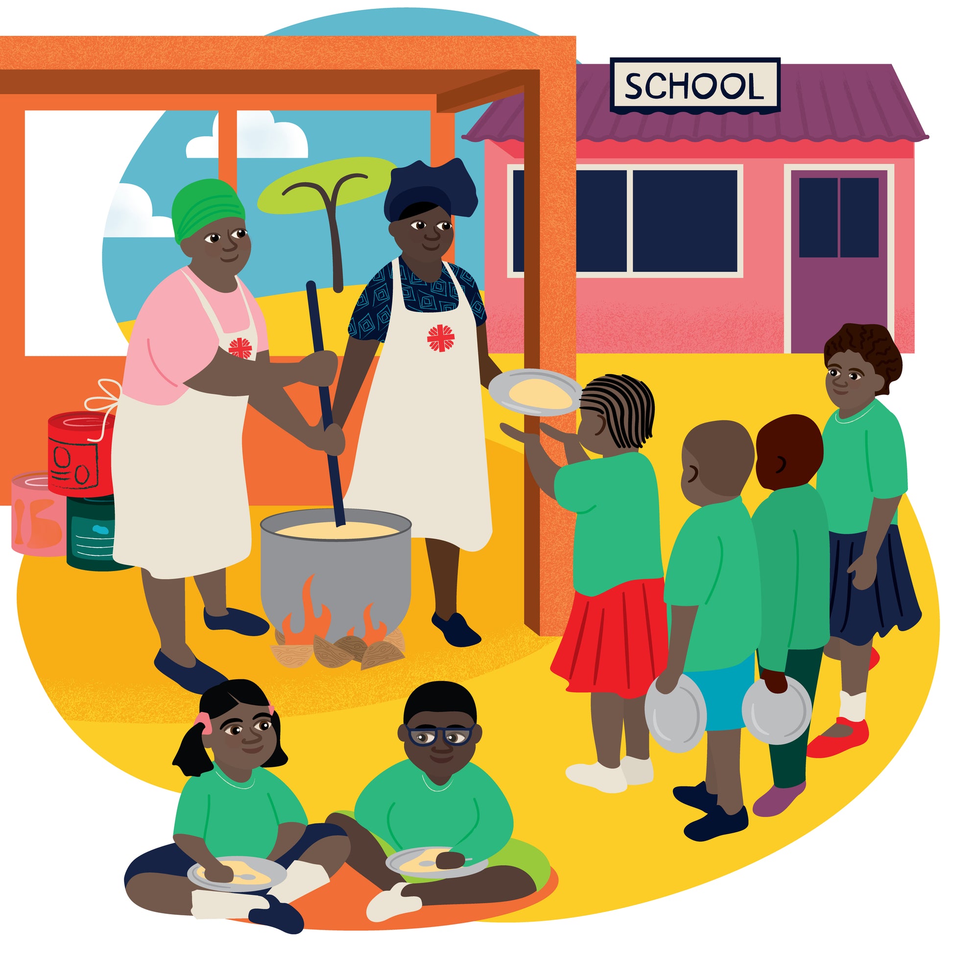 Illustrated scene of children eating lunch at a school cafeteria, with two cooks stirring pots under a sign that reads SCHOOL.