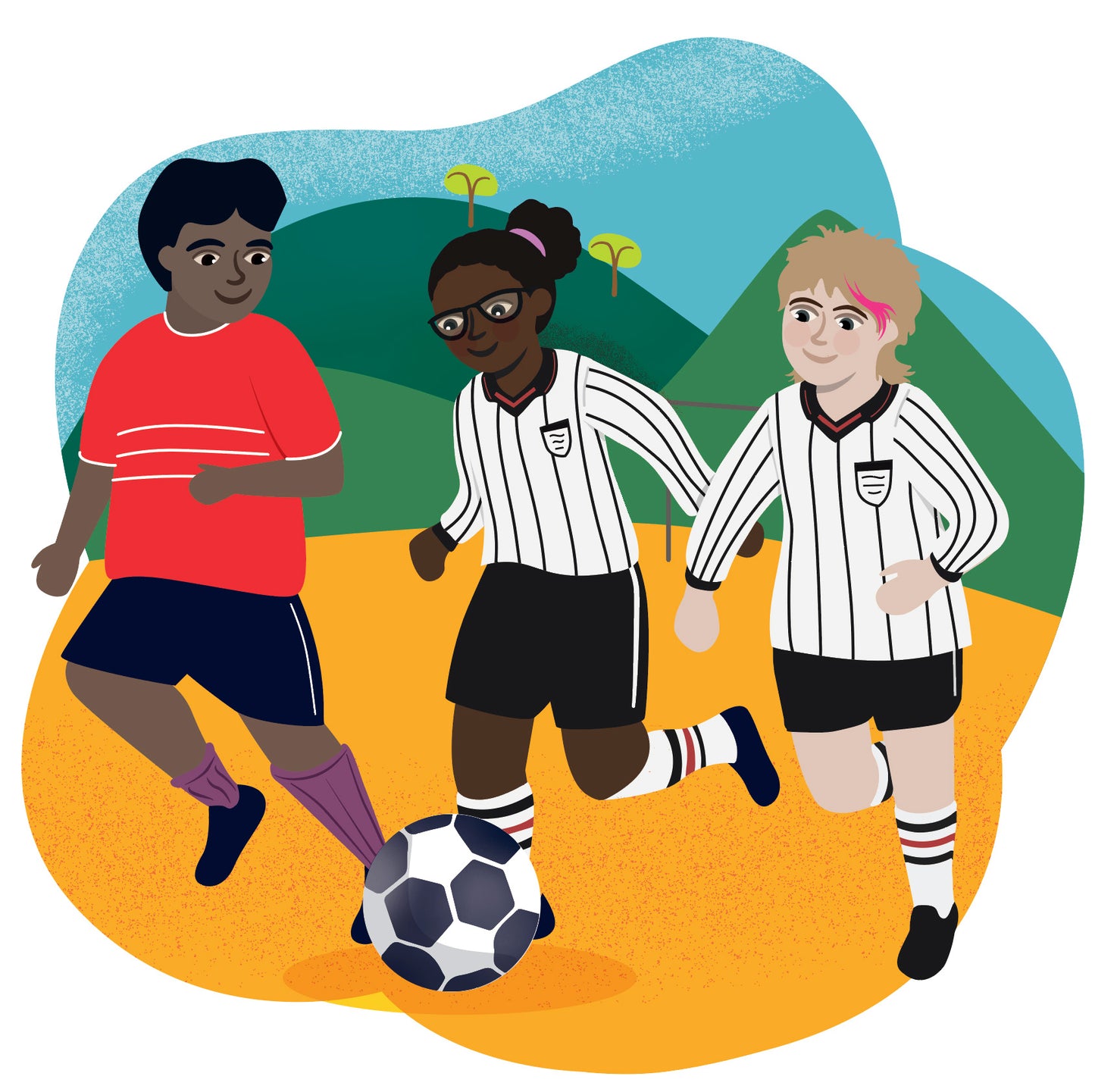 A colourful illustration of three children in football kits playing with a football on a pitch, with green hills and trees in the background.