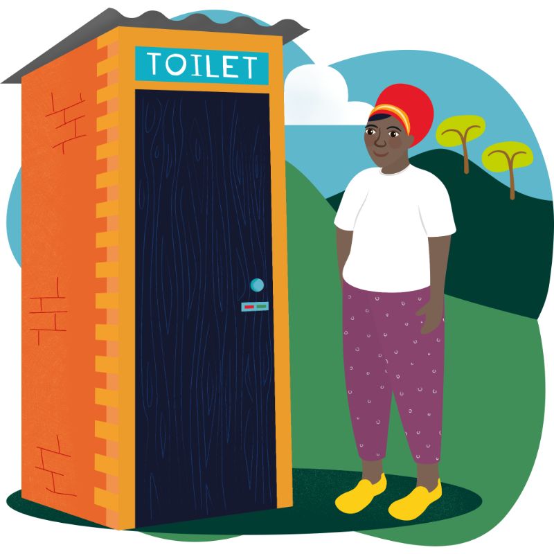 A colourful illustration of a person in a white t-shirt, purple trousers, and yellow shoes standing beside a newly built orange brick toilet cubicle in a green rural landscape