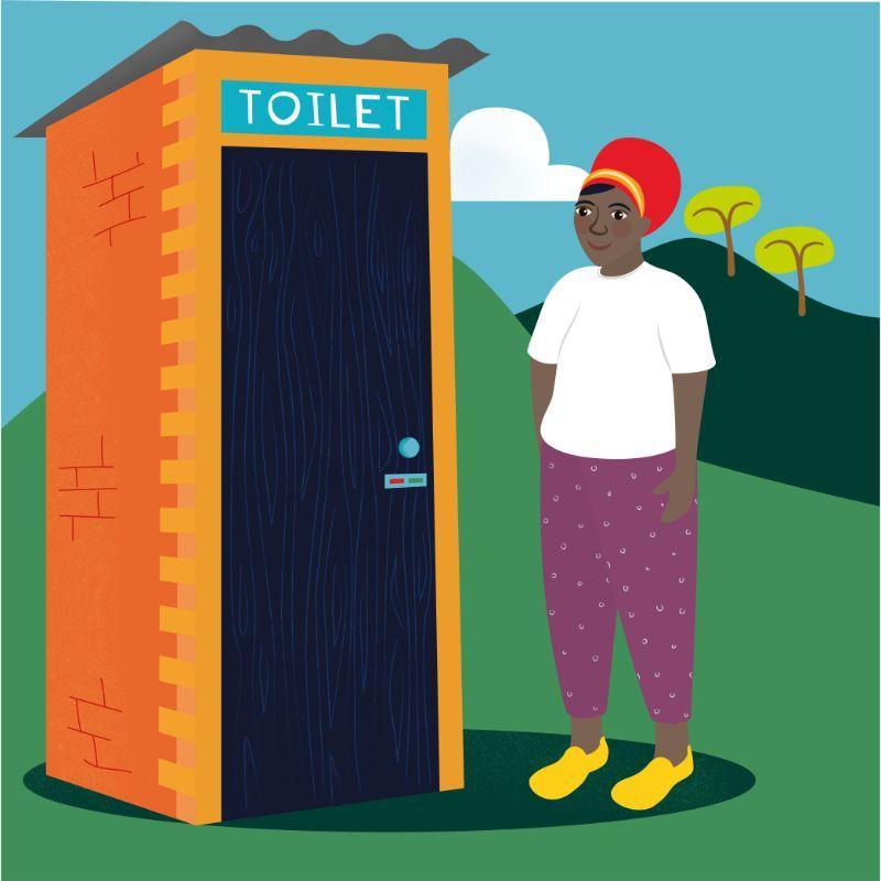 Illustration of a person standing beside a small orange brick outdoor toilet cubicle labelled "TOILET", set in a green rural landscape with trees and hills in the background.
