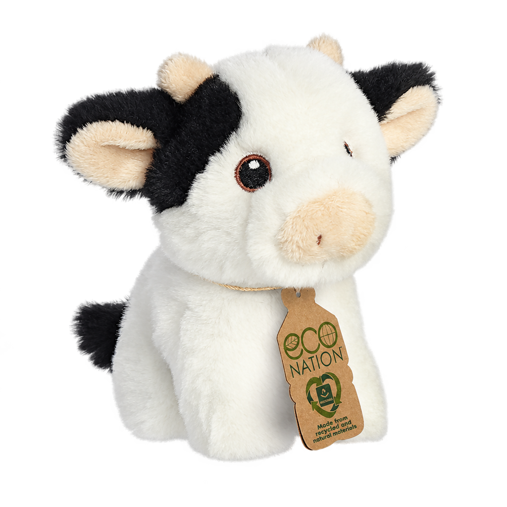 Black and white plush calf with a cream muzzle and an Eco Nation hang tag, on a transparent background.