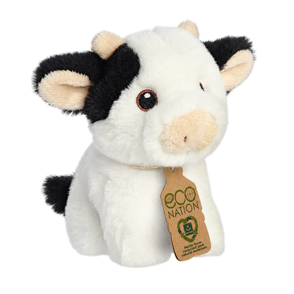 Black and white plush calf with a cream muzzle and an Eco Nation hang tag, on a transparent background.