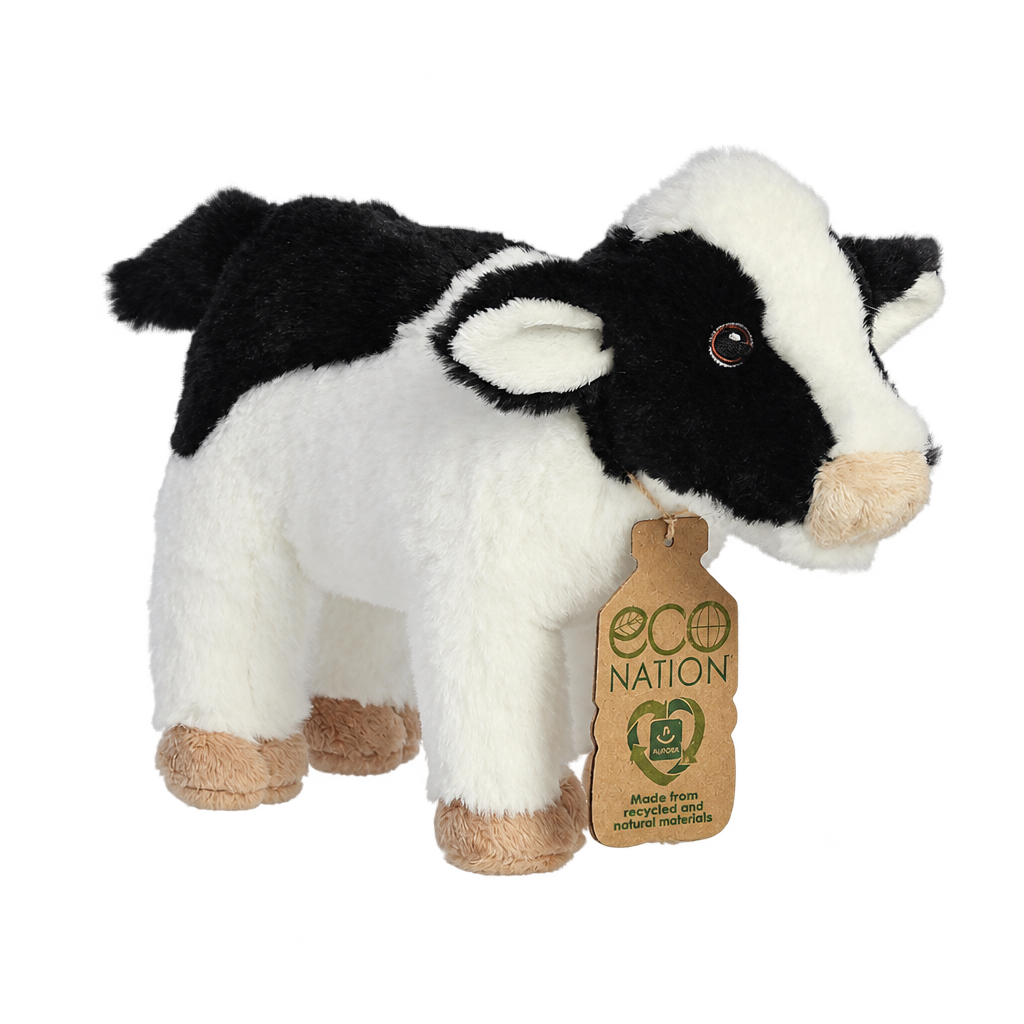Black and white plush cow with a cream muzzle and an Eco Nation hang tag, on a transparent background.