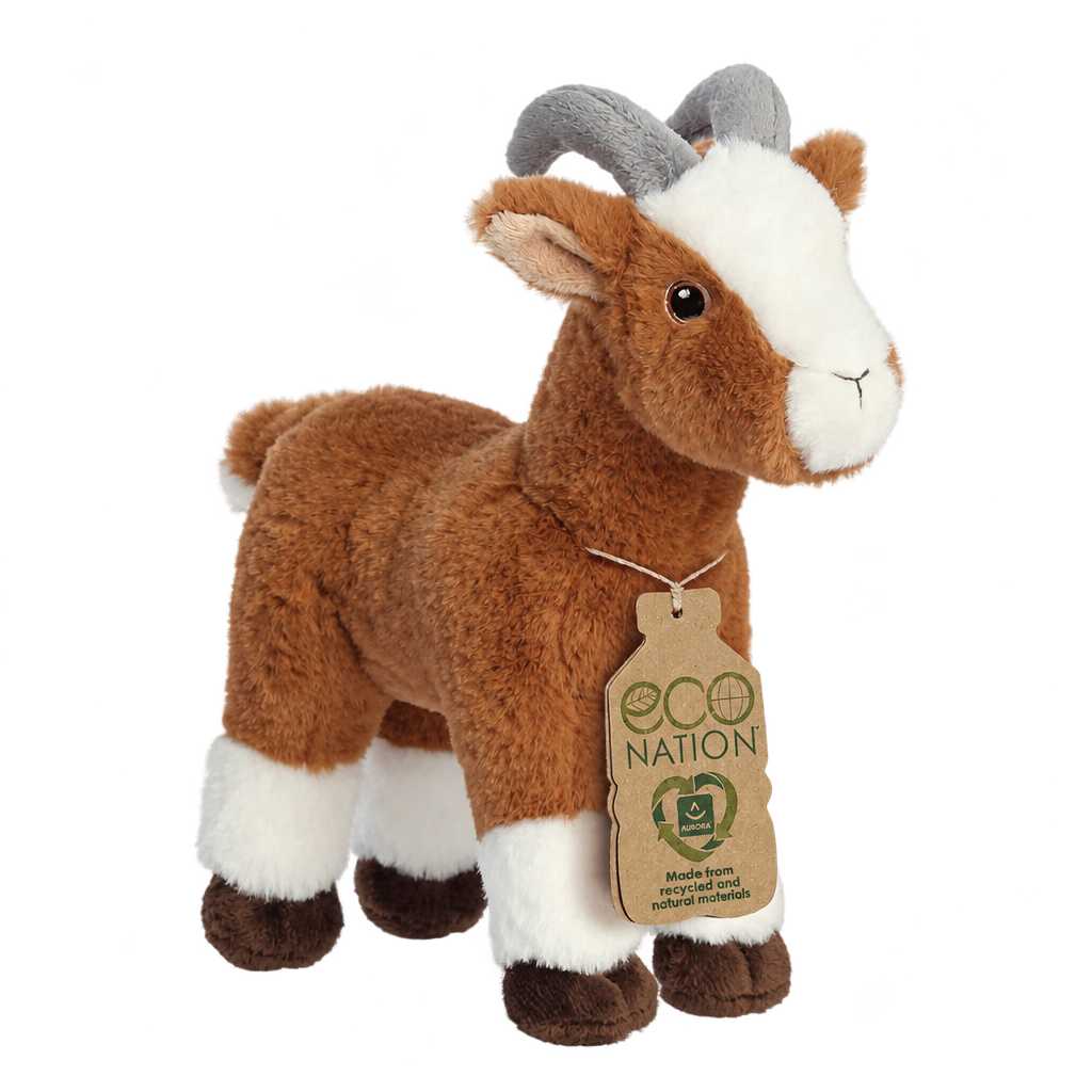 Brown and white plush goat with grey horns and an Eco Nation hang tag, on a transparent background.