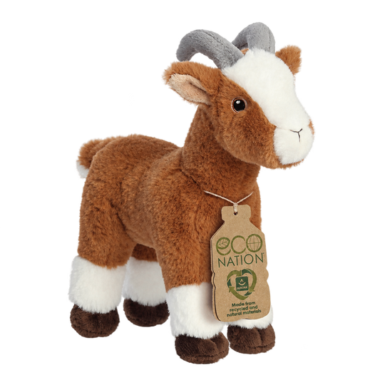 Brown and white plush goat with grey horns and an Eco Nation hang tag, on a transparent background.