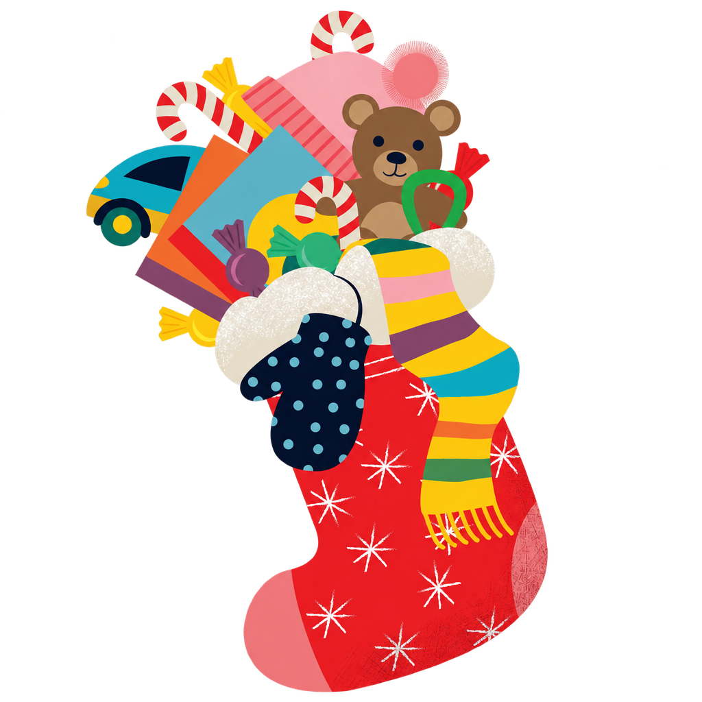 Cheerful children's stocking illustration with a transparent background