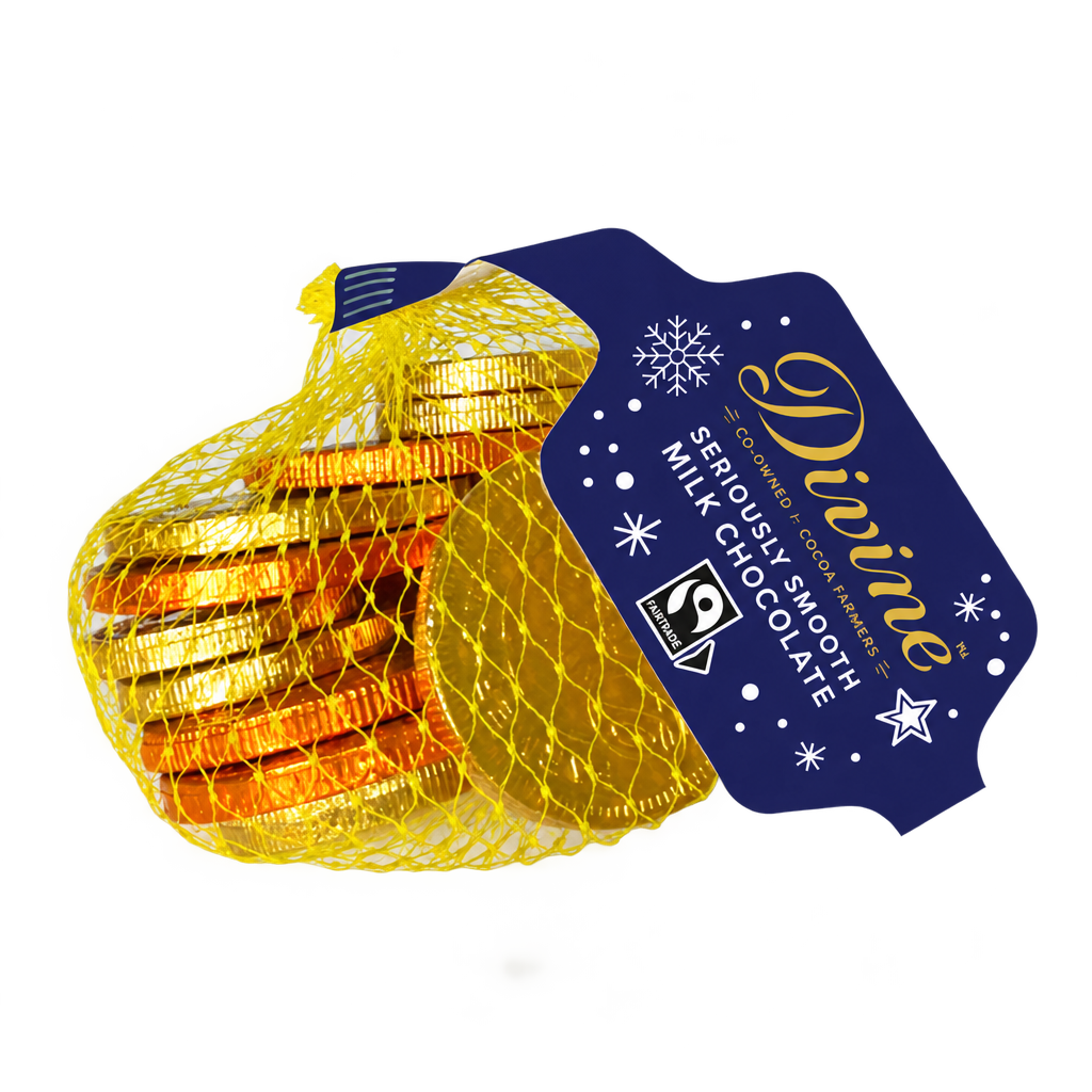 Divine milk chocolate coins wrapped in gold foil in a yellow net bag with a purple Divine label, on a transparent background.