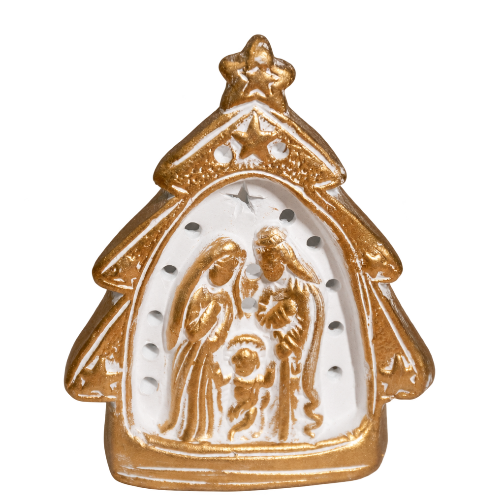 Gold and white tree-shaped Nativity tealight ornament depicting the Holy Family beneath a star, on a transparent background.