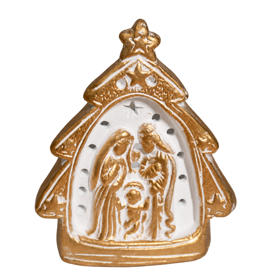 Gold and white tree-shaped Nativity tealight ornament depicting the Holy Family beneath a star, on a transparent background.