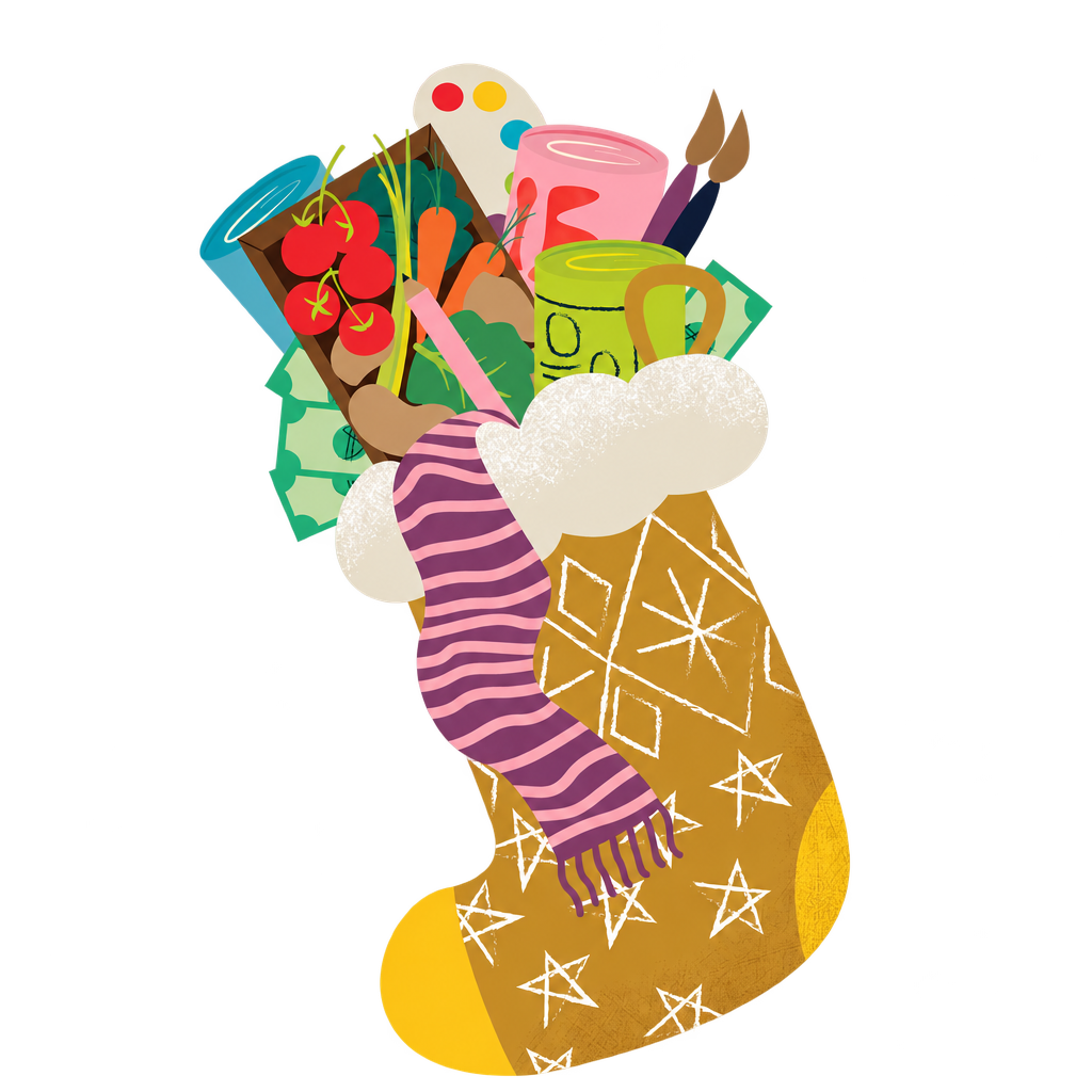 Gold Christmas stocking filled with vegetables, tins, art supplies and banknotes, with a purple striped scarf, on a transparent background.
