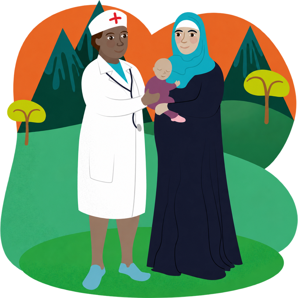 Illustration of a healthcare worker beside a mother holding her baby, with green hills, trees and an orange sky, on a transparent outer background.
