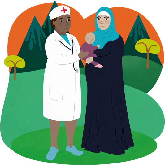Illustration of a healthcare worker beside a mother holding her baby, with green hills, trees and an orange sky, on a transparent outer background.