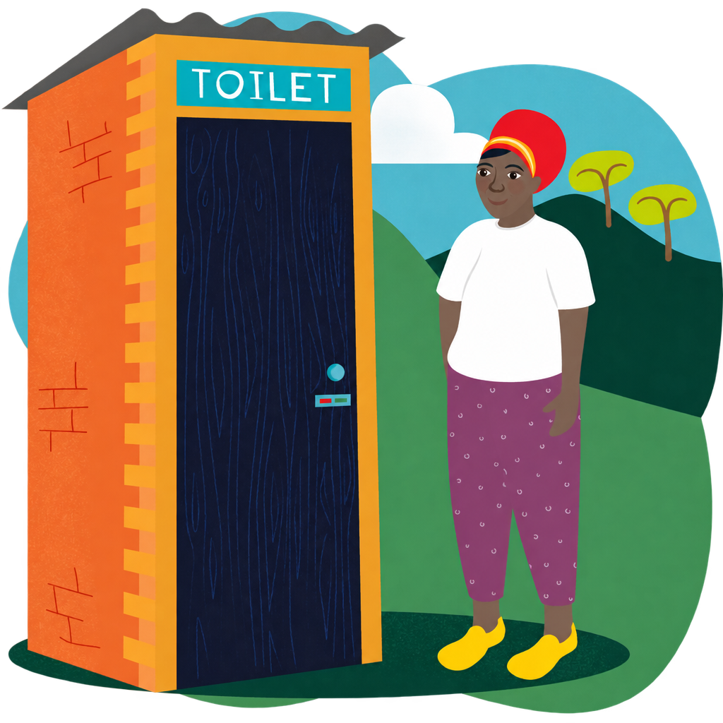 Illustration of a person beside an orange brick toilet cubicle labelled TOILET, with green hills and trees, on a transparent outer background.