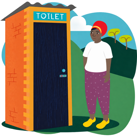 Illustration of a person beside an orange brick toilet cubicle labelled TOILET, with green hills and trees, on a transparent outer background.