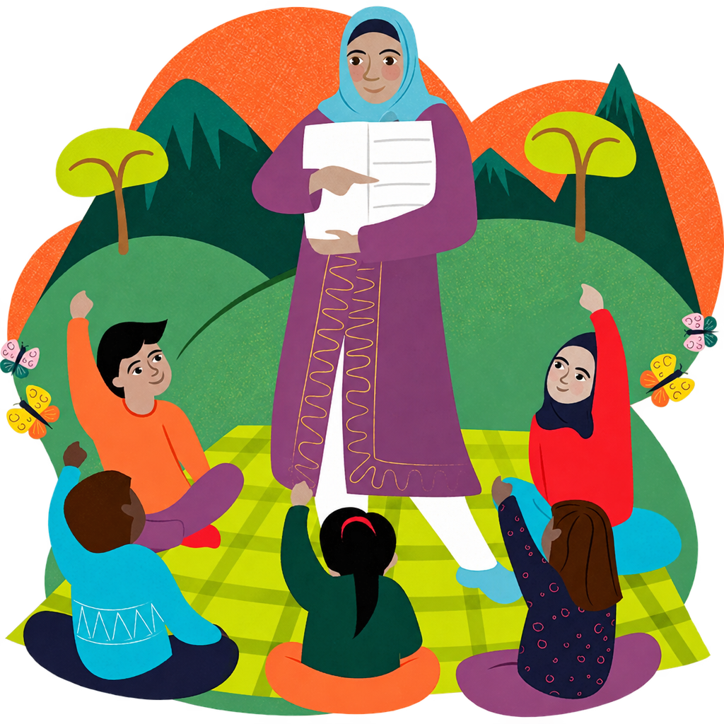 Illustration of a teacher holding an open book with five children seated on a green mat in a colourful landscape, on a transparent outer background.