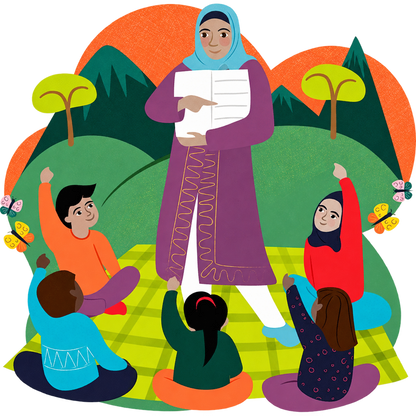 Illustration of a teacher holding an open book with five children seated on a green mat in a colourful landscape, on a transparent outer background.