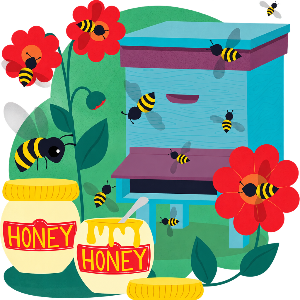 Illustration of bees around a turquoise beehive, red flowers and jars labelled Honey, on a transparent outer background.