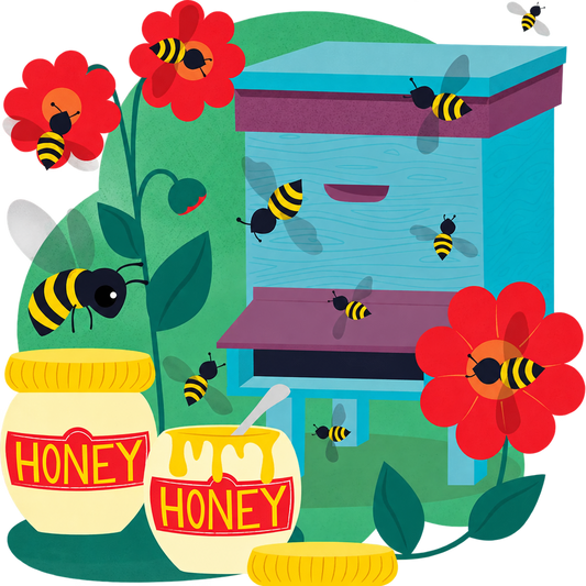 Illustration of bees around a turquoise beehive, red flowers and jars labelled Honey, on a transparent outer background.