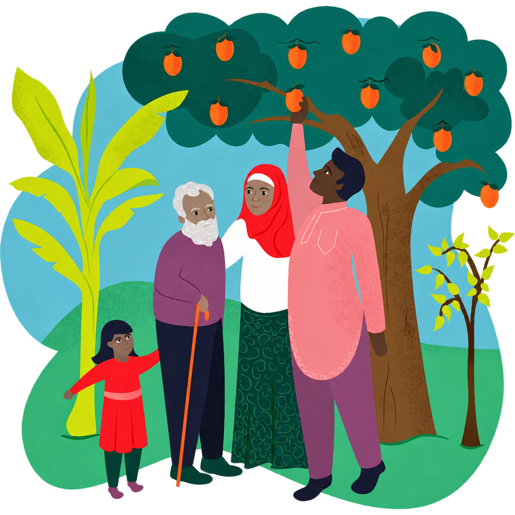 Illustration of four family members beneath a fruit tree in a green landscape, on a transparent outer background.
