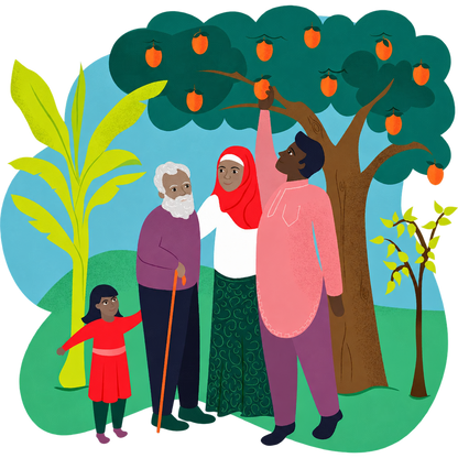 Illustration of four family members beneath a fruit tree in a green landscape, on a transparent outer background.