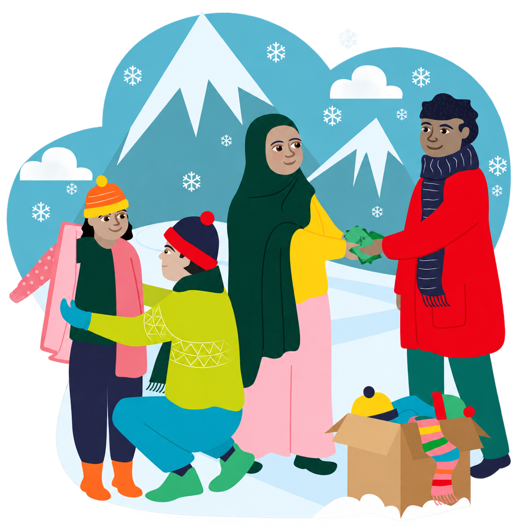 Illustration of four people exchanging warm winter clothing beside a box of hats and scarves in a snowy mountain landscape, with a transparent outer background.