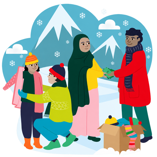 Illustration of four people exchanging warm winter clothing beside a box of hats and scarves in a snowy mountain landscape, with a transparent outer background.