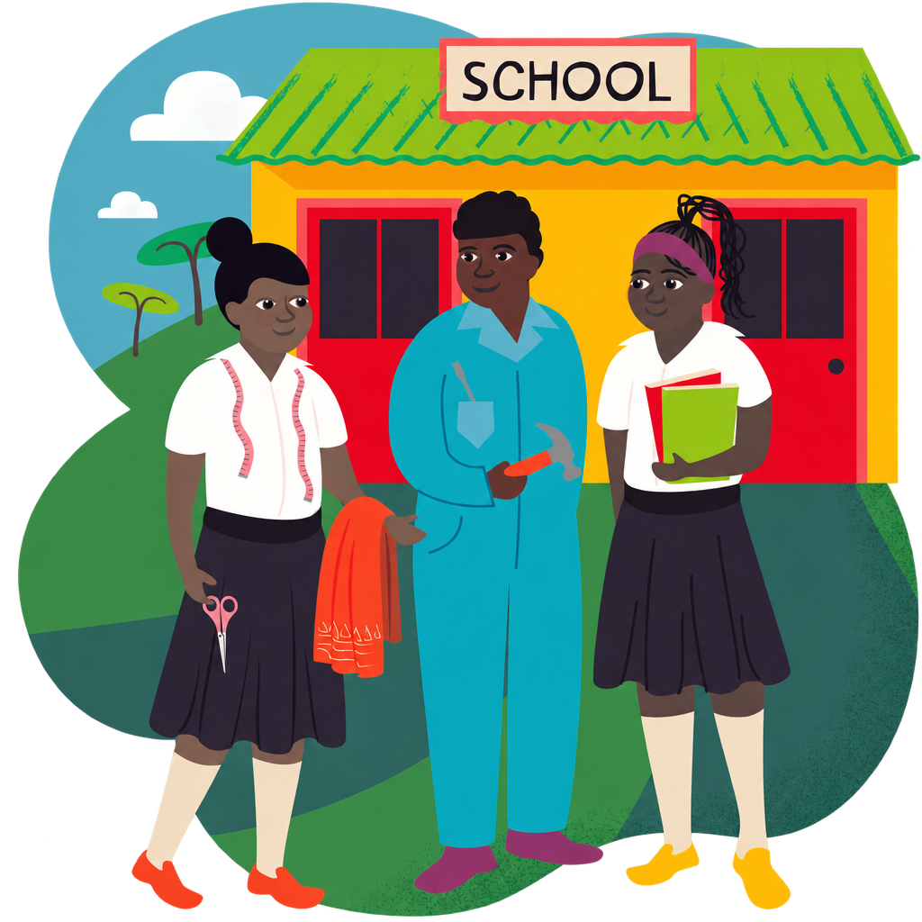 Illustration of three people with books and vocational tools outside a yellow school, with green scenery and blue sky, on a transparent outer background.