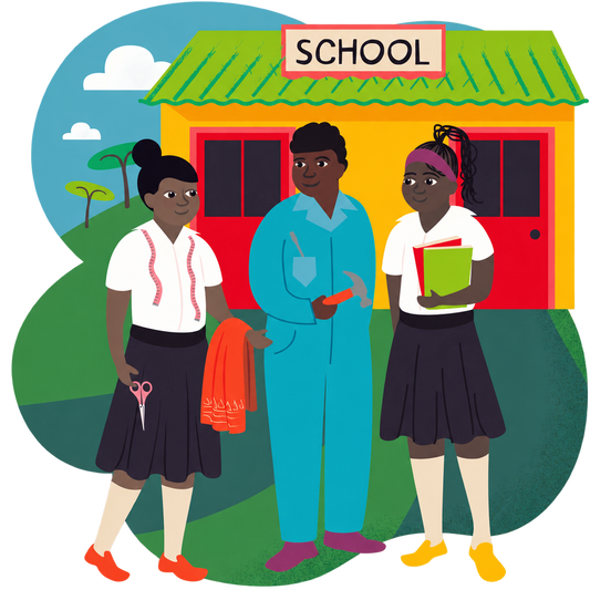 Illustration of three people with books and vocational tools outside a yellow school, with green scenery and blue sky, on a transparent outer background.