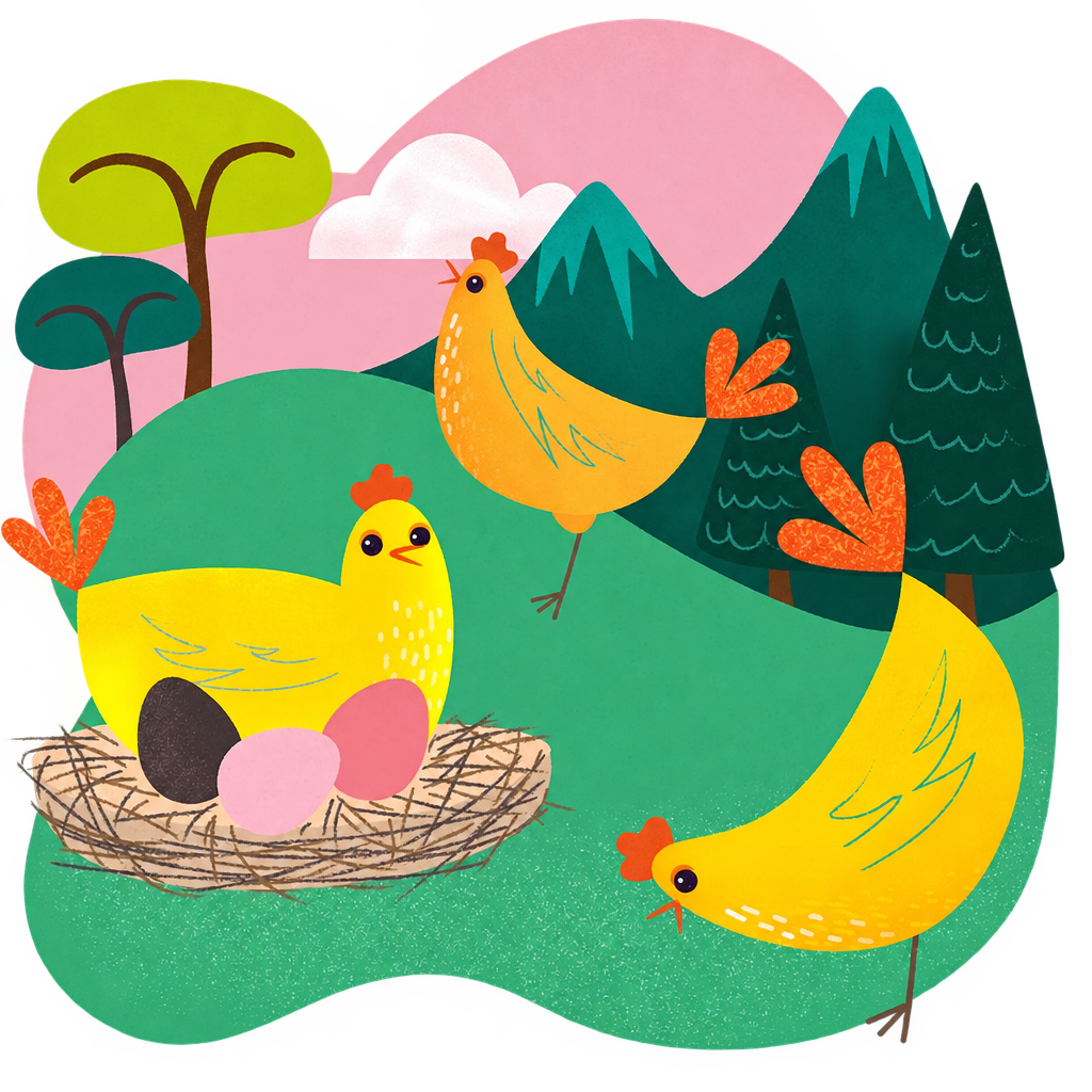Illustration of three yellow chickens, a nest of eggs and a green landscape with mountains and trees, on a transparent outer background.