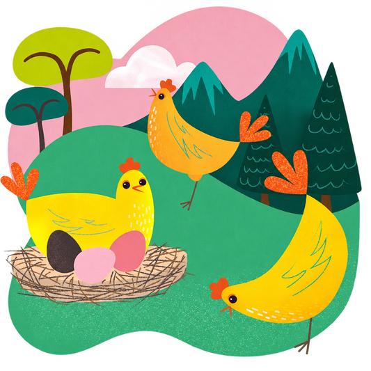 Illustration of three yellow chickens, a nest of eggs and a green landscape with mountains and trees, on a transparent outer background.