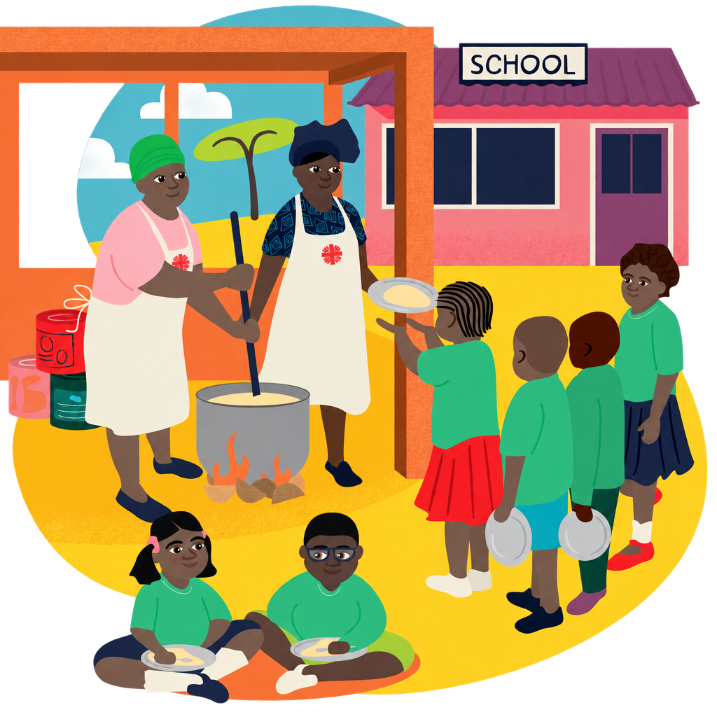 Illustration of two cooks serving school meals to children in green uniforms beside a pink school, with a transparent outer background.