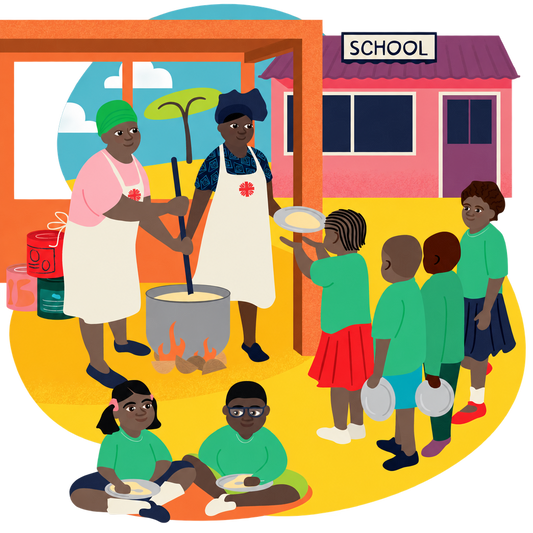Illustration of two cooks serving school meals to children in green uniforms beside a pink school, with a transparent outer background.