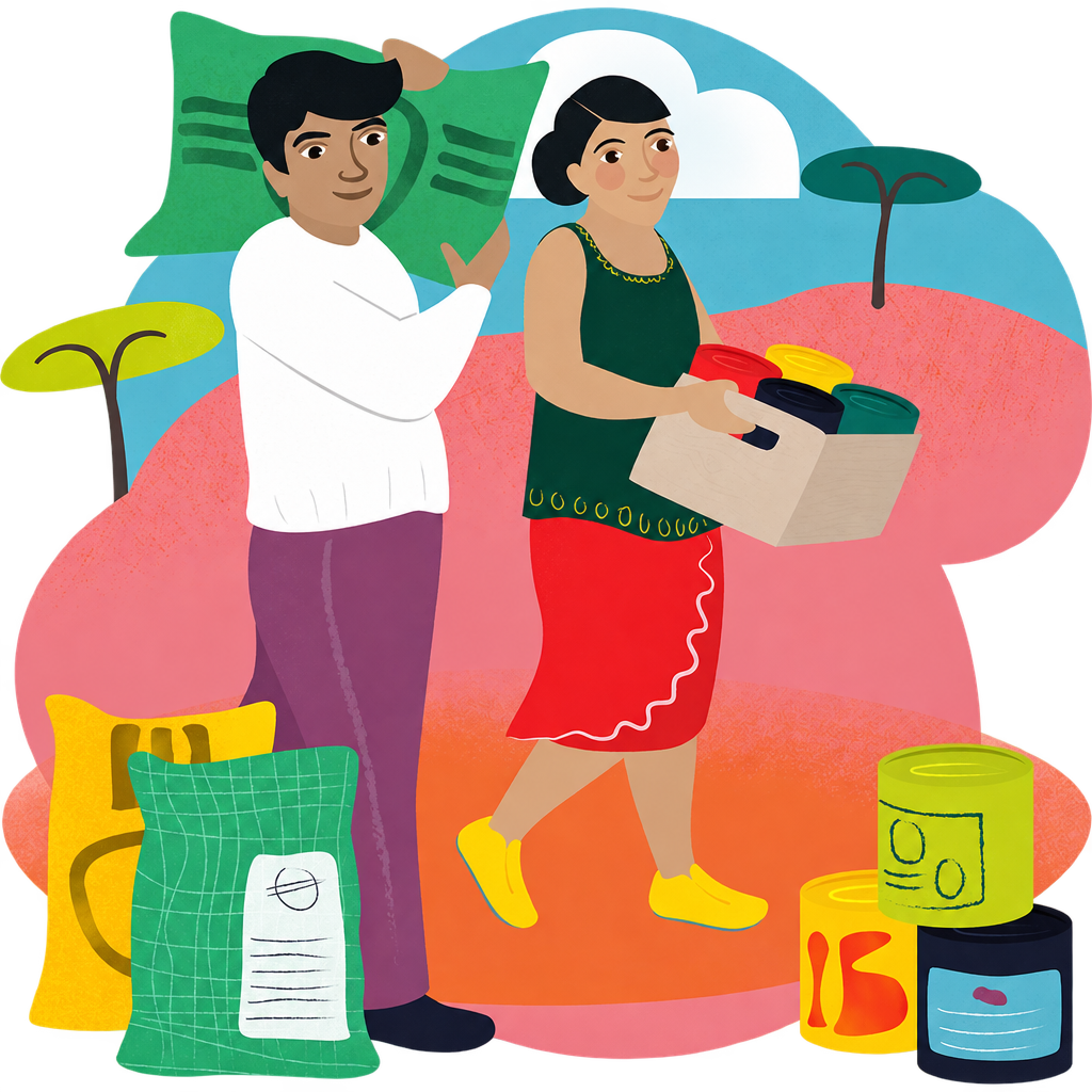 Illustration of two people carrying food supplies, with sacks and tins against a colourful landscape, on a transparent outer background.