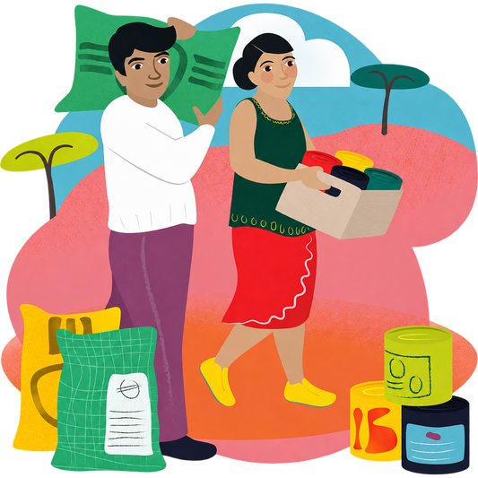 Illustration of two people carrying food supplies, with sacks and tins against a colourful landscape, on a transparent outer background.