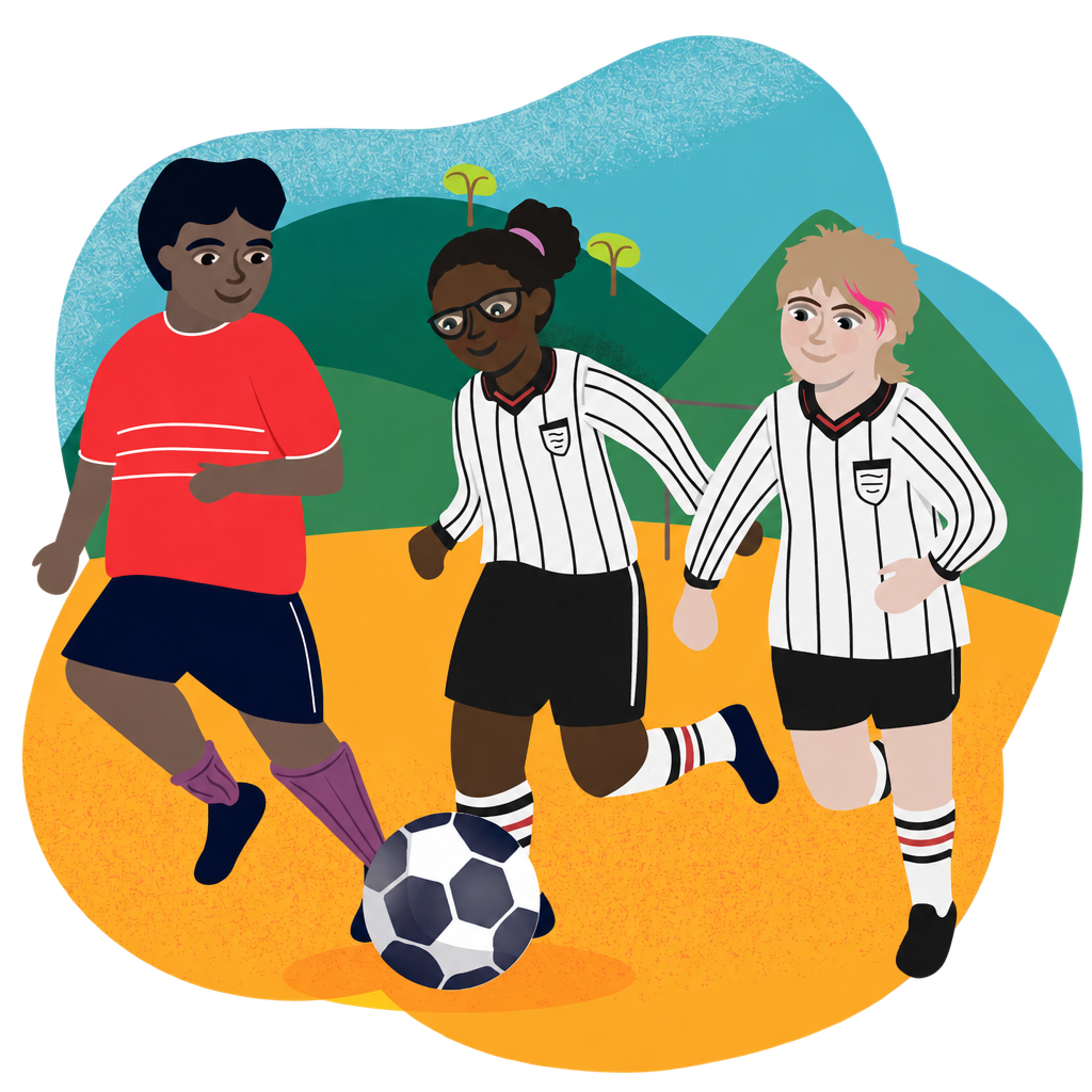 Illustration of three children playing football on a yellow pitch, with green hills and trees, on a transparent outer background.