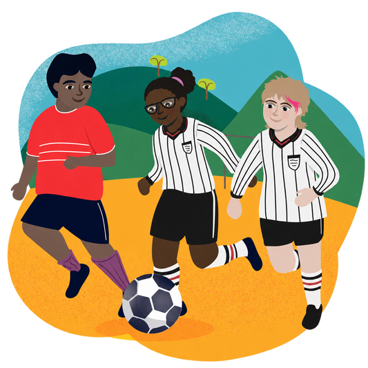Illustration of three children playing football on a yellow pitch, with green hills and trees, on a transparent outer background.