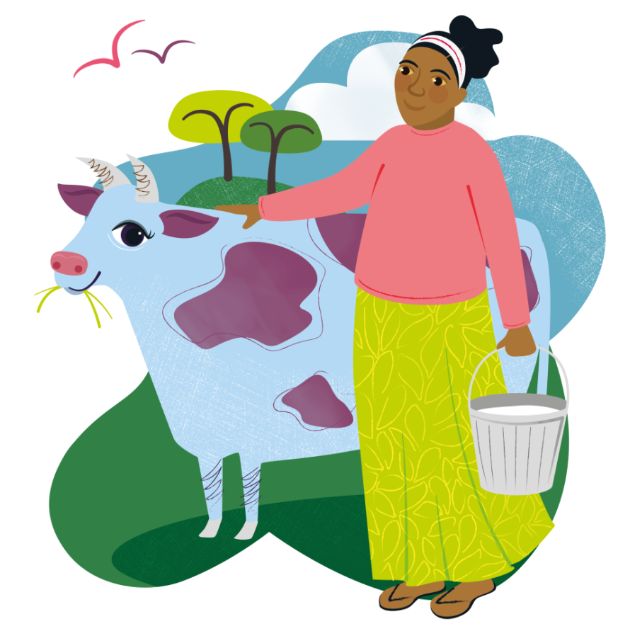 A colourful illustration of a woman in a pink top and yellow skirt holding a bucket of milk whilst standing beside a friendly blue and purple patterned cow in a green rural landscape