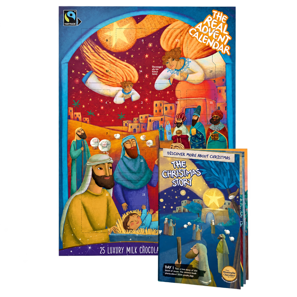 The Real Advent Calendar milk chocolate box with its accompanying Christmas story booklet, on a transparent background.